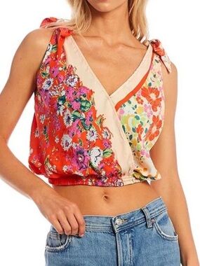FREE PEOPLE Tied To You Orange Floral V Neck Tie Shoulders Blouse Satin Womens M